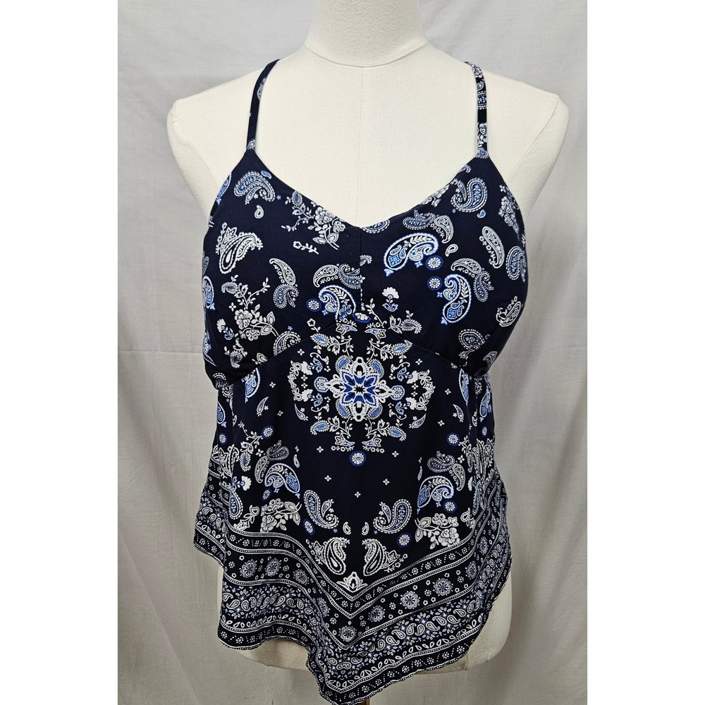 No Boundaries Navy Blue Paisley Bandana Print Tank Top XXL Smocked V-Neck Boho